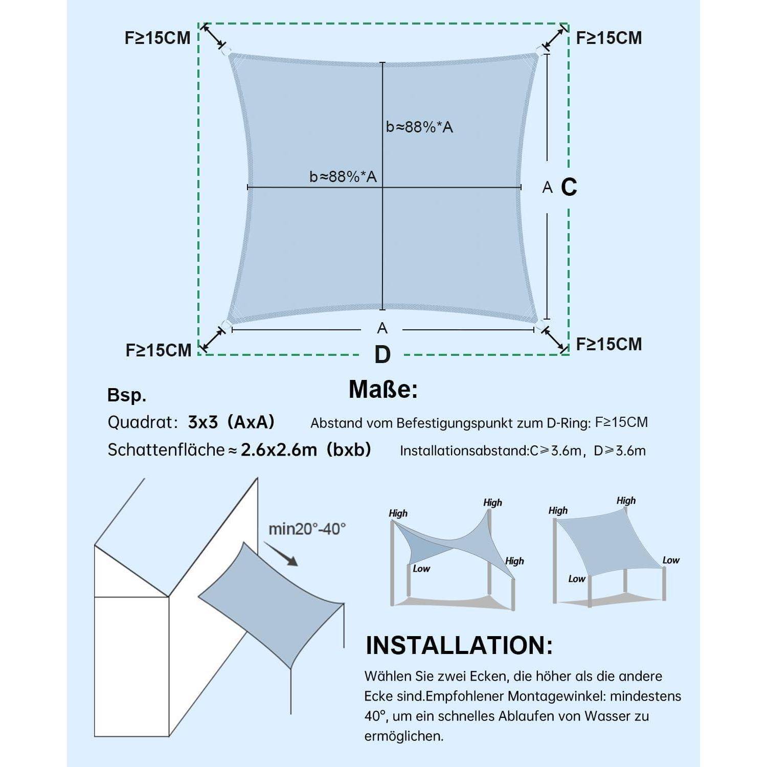 Diagramm zur Installation eines Sonnensegels. Hauptquadrat misst 3x3m, mit Schattenabdeckung von 2,6x2,6m. Installationsabstand D: ≥3,6m. Anweisungen unten.