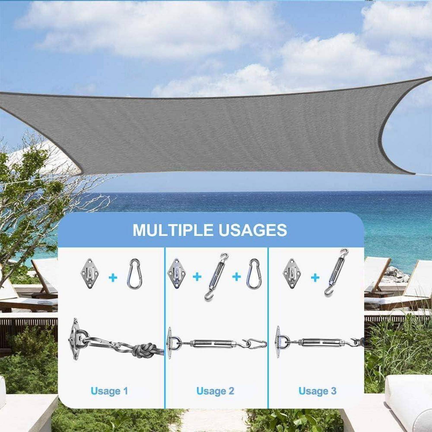 Eine dreieckige Sonnensegel-Markise mit blauen Himmel und Meer im Hintergrund. Darunter befinden sich Diagramme, die verschiedene Installationsmethoden mit Befestigungsmaterial zeigen.