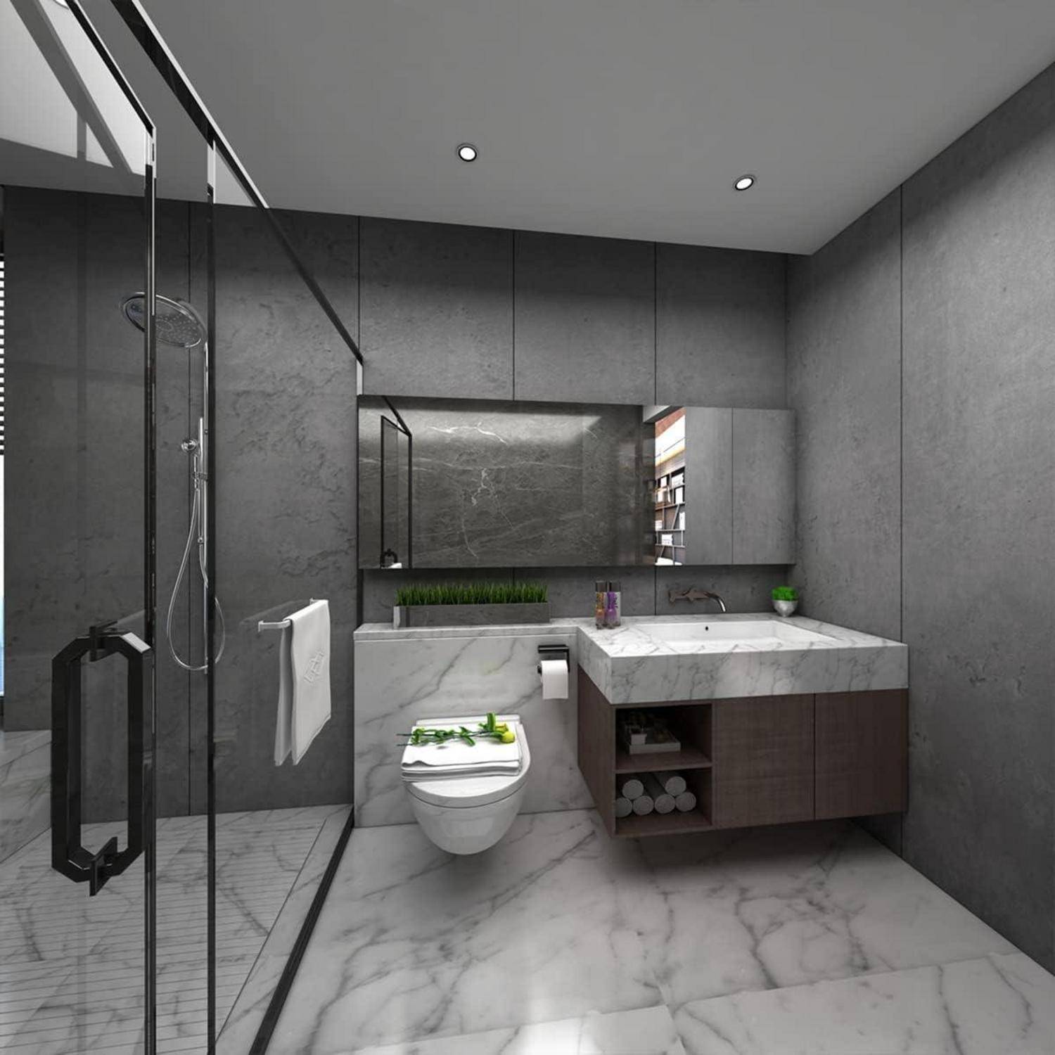 Modernes Badezimmer mit Marmorboden, Glasdusche, wandmontierter Toilette und Waschtisch. Großer Spiegel und graue Wände sorgen für einen eleganten Look.