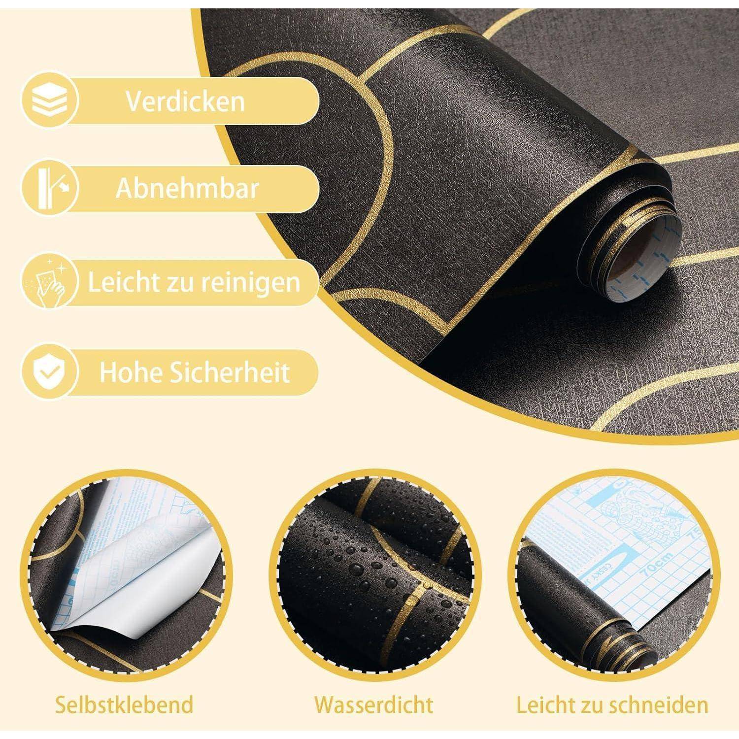 Eine Rolle schwarzes und goldenes selbstklebendes Tapetenmaterial mit folgenden Eigenschaften: verstärkt, abziehbar, leicht zu reinigen, wasserdicht und einfach zu schneiden.