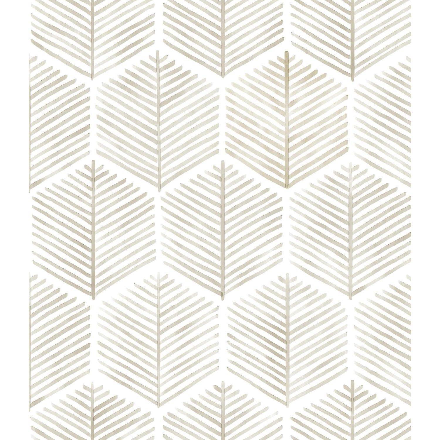 Ein geometrisches Muster aus beigen Linien, die Blattformen in einer sich wiederholenden sechseckigen Anordnung auf weißem Hintergrund bilden.