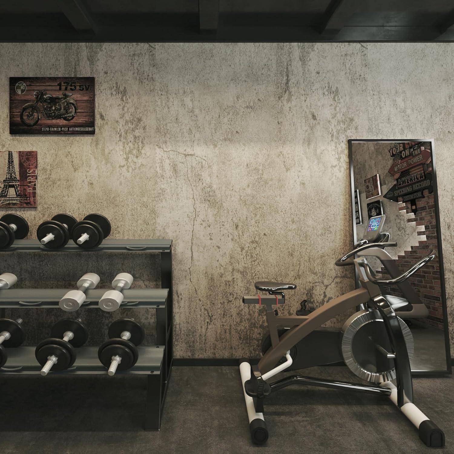 Ein Heimgym mit Hanteln auf einem Ständer und einem Standfahrrad neben einer Wand, die mit motorradbezogenen Postern geschmückt ist.