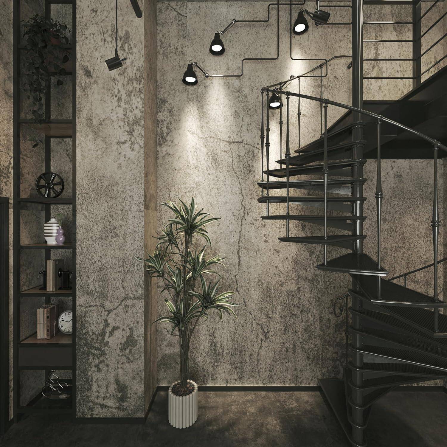 Industrieller Innenraum mit einer metallenen Wendeltreppe, Betonwänden und minimalistischer Dekoration, mit einer Topfpflanze und einem Regal.
