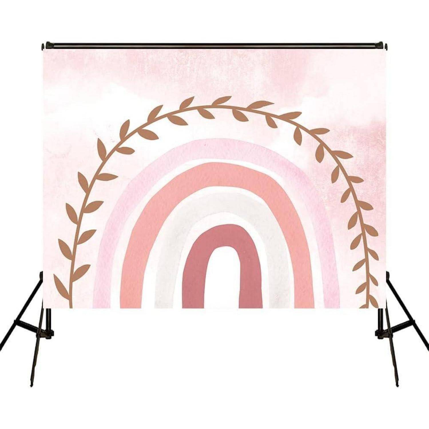 Ein Hintergrund mit einem abstrakten Regenbogendesign in Rosa und Weiß, umgeben von braunen blattähnlichen Mustern, vor einem weichen rosa Hintergrund.