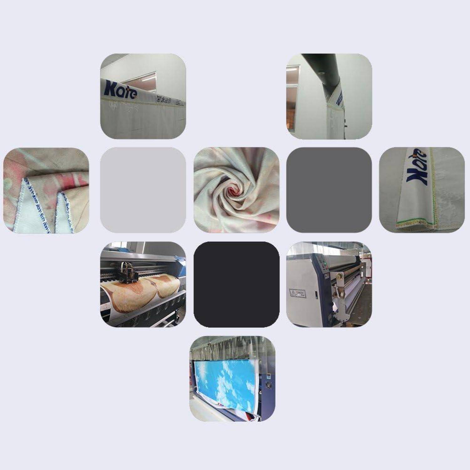 Bilder eines Druckprozesses zeigen Material in Vorbereitung, entstehende Designs und einen fertigen bedruckten Stoff, der aus Maschinen hervorgeht.