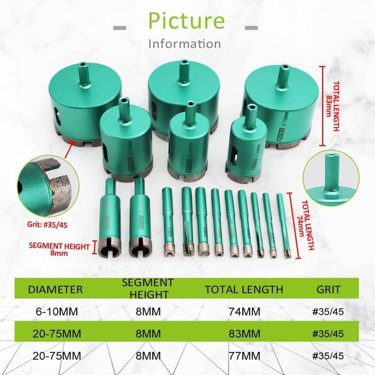 Ein Satz grüner Kernbohrer in verschiedenen Größen, gekennzeichnet mit Abmessungen: 'Durchmesser: 6-10mm, Segmenthöhe: 8mm, Gesamtlänge: 74mm, Körnung: #35/45'; ein anderer beschriftet mit '20-75mm, Segmenthöhe: 8mm, Gesamtlänge: 83mm, Körnung: #35/45'.