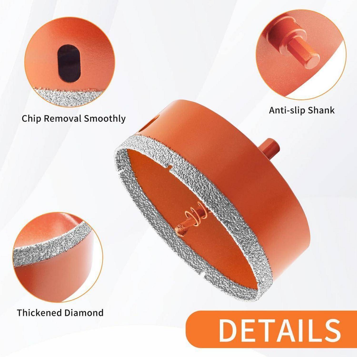 Orange Kreissägeblatt mit verstärktem Diamantrand und rutschfestem Schaft. Merkmale sind gleichmäßige Späneentfernung und robuste Konstruktion.