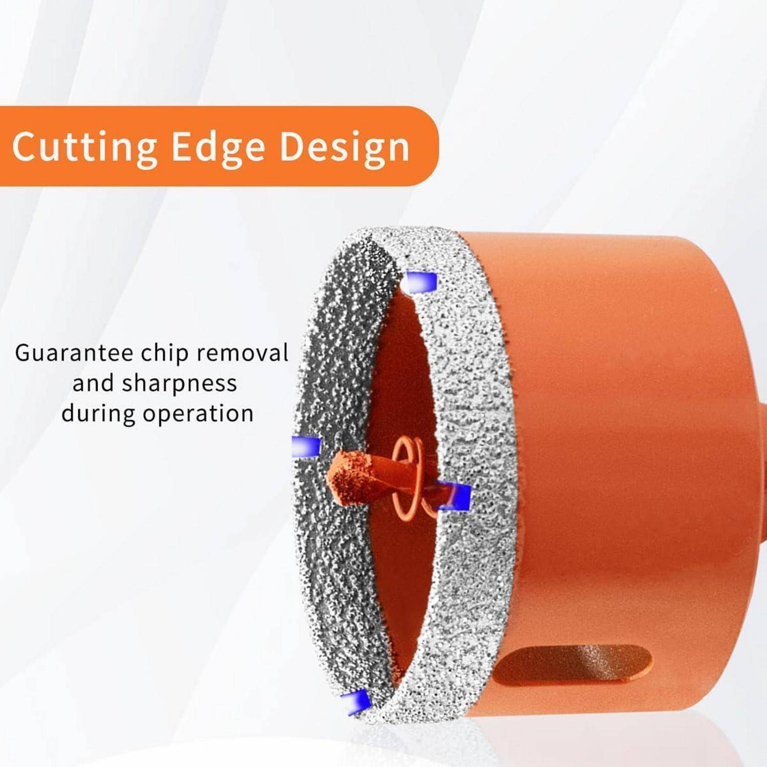 Nahaufnahme eines runden, orangefarbenen Schneidwerkzeugs mit rauen, metallischen Kanten, Text ‚Cutting Edge Design' und Hinweis ‚Garantierte Spanabnahme'.