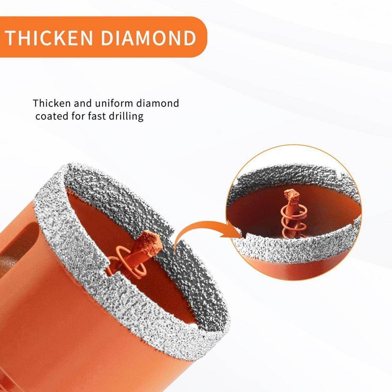 Diamantbohrer mit Beschriftung 'Thicken Diamond', mit detaillierter Nahaufnahme der Diamantbeschichtung. Text: 'Verstärkte und gleichmäßige Diamantbeschichtung für schnelles Bohren.