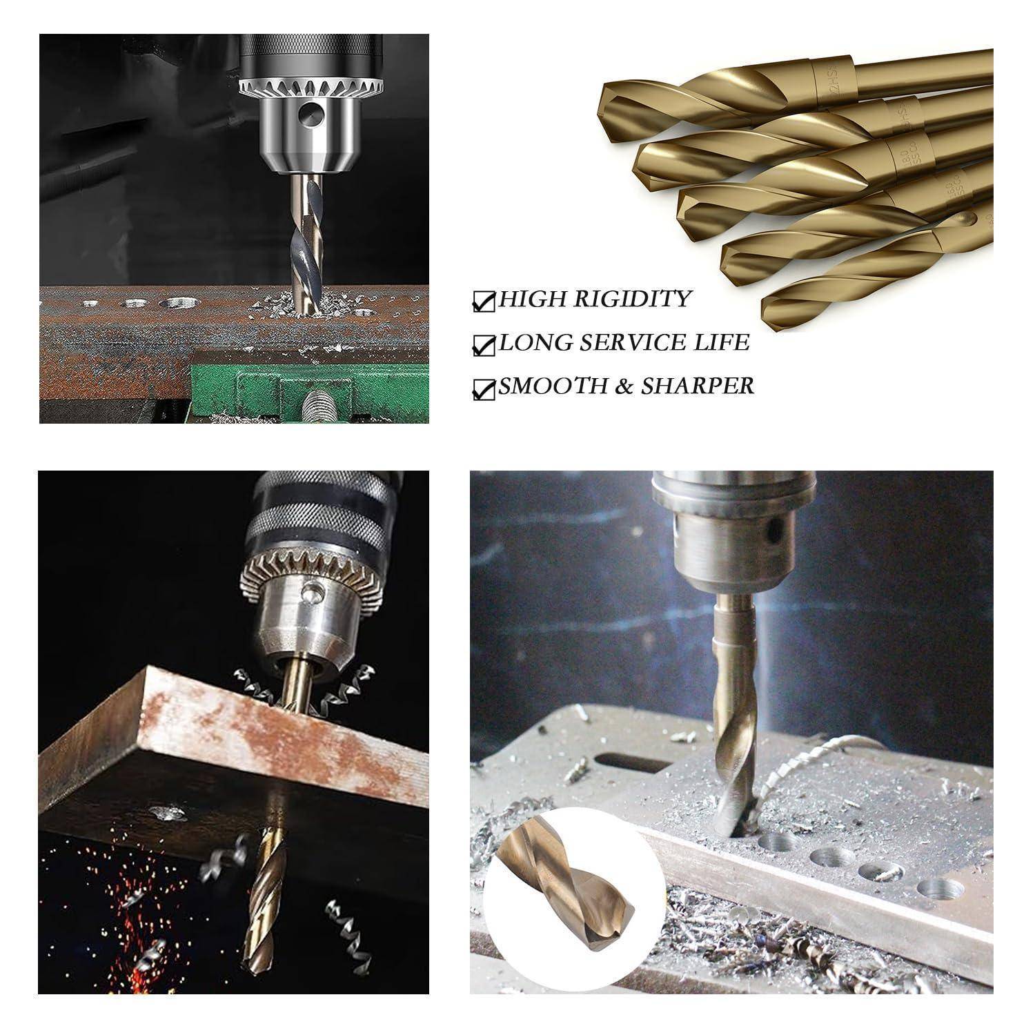 Bild, das mehrere Bohrer bei der Verwendung auf verschiedenen Metalloberflächen zeigt. Texthervorhebungen präsentieren Schlüsselmerkmale: 'Hohe Steifigkeit', 'Lange Lebensdauer', 'Glatt & Schärfer'.