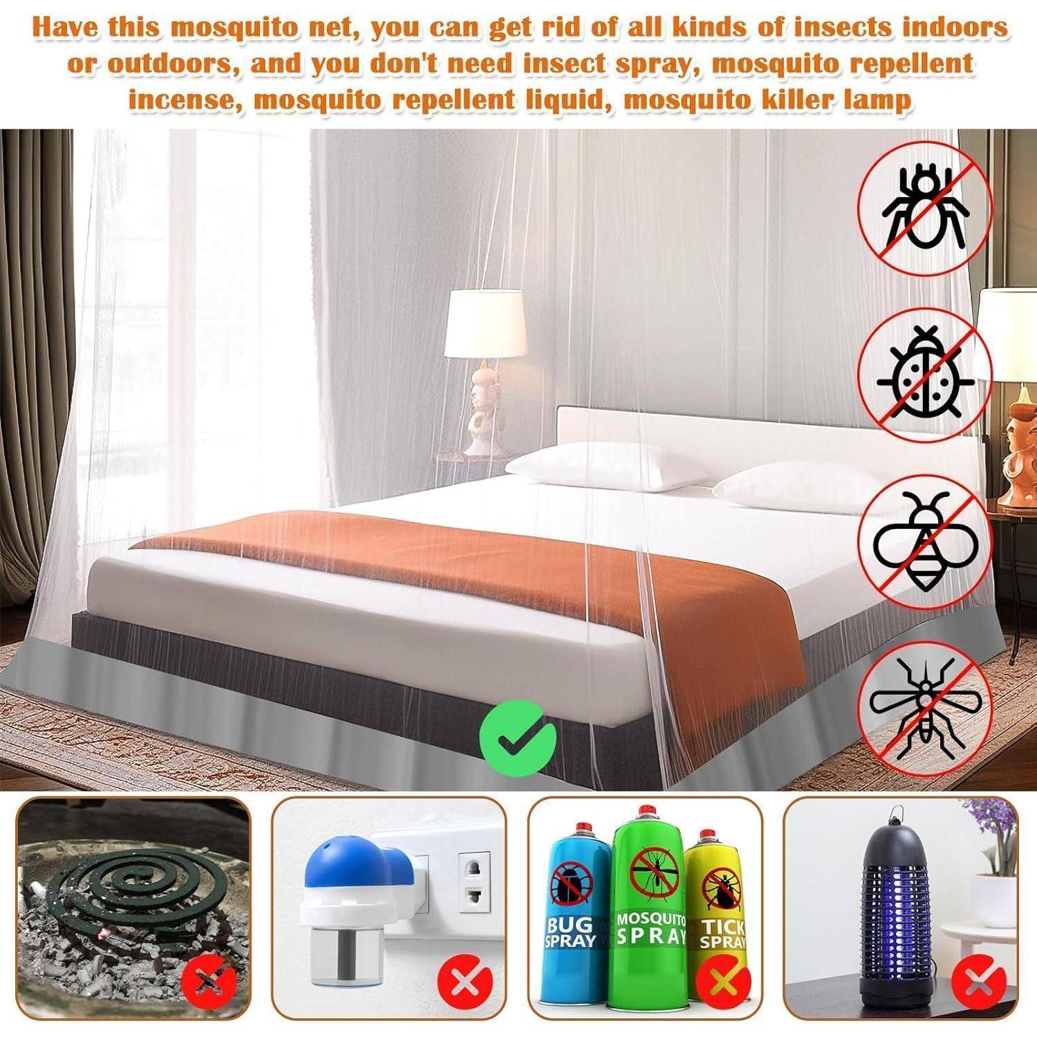 Ein Bett mit einem weißen Moskitonetz in einem Schlafzimmer. Icons zeigen Alternativen wie Räucherstäbchen, Insektenspray, Spray und Mückentötungslampe.