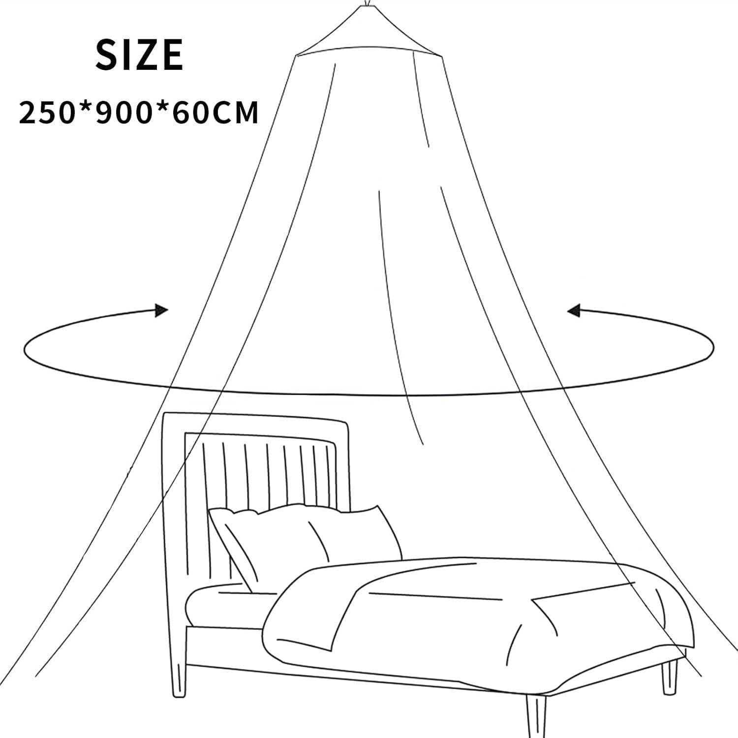 Eine Linienzeichnung eines Bettes mit einem großen Baldachin, der die Maße 250*900*60 CM misst und die Baldachinabmessungen und -abdeckung über dem Bett veranschaulicht.