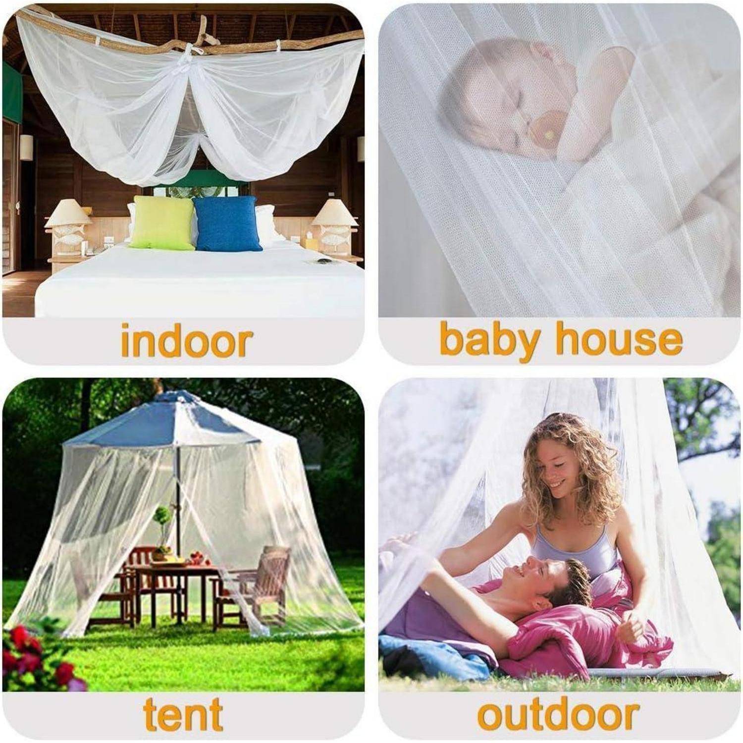 Collage von Moskitonetzen in verschiedenen Umgebungen: über einem Bett in Innenräumen, in einem Kinderzimmer, als Zelt im Freien und in einem Garten.