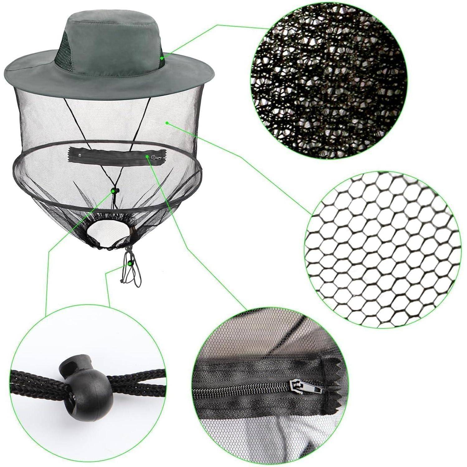 Ein Moskitonetz-Hut mit Nahaufnahme-Details des Netzes, des Reißverschlusses und der verstellbaren Kordel, entwickelt zum Schutz vor Insekten im Freien.