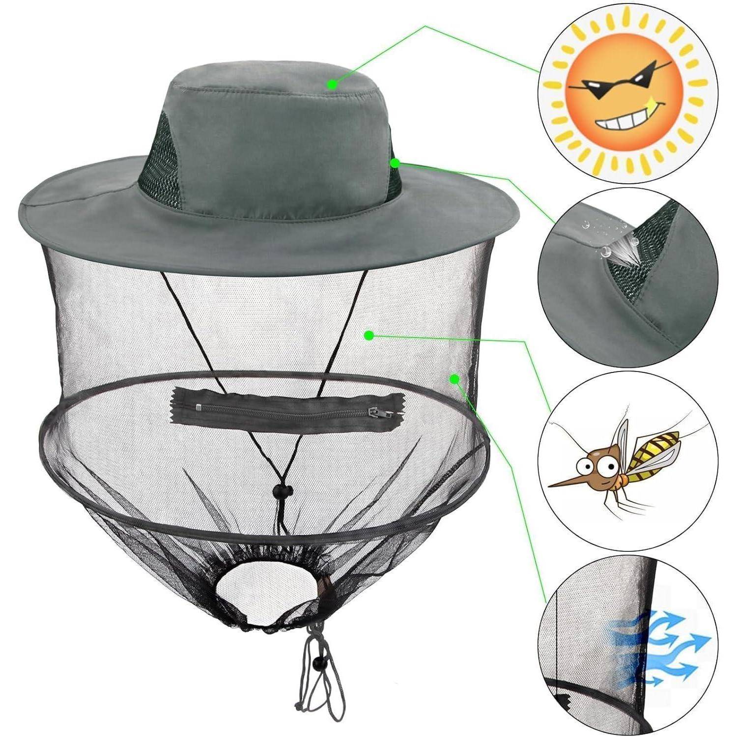 Eine graue Mütze mit Netzstoff zum Schutz gegen Insekten, präsentiert mit Merkmalen: UV-Schutz, Netzdetail, Insektenillustration, Luftströmungsdiagramm.
