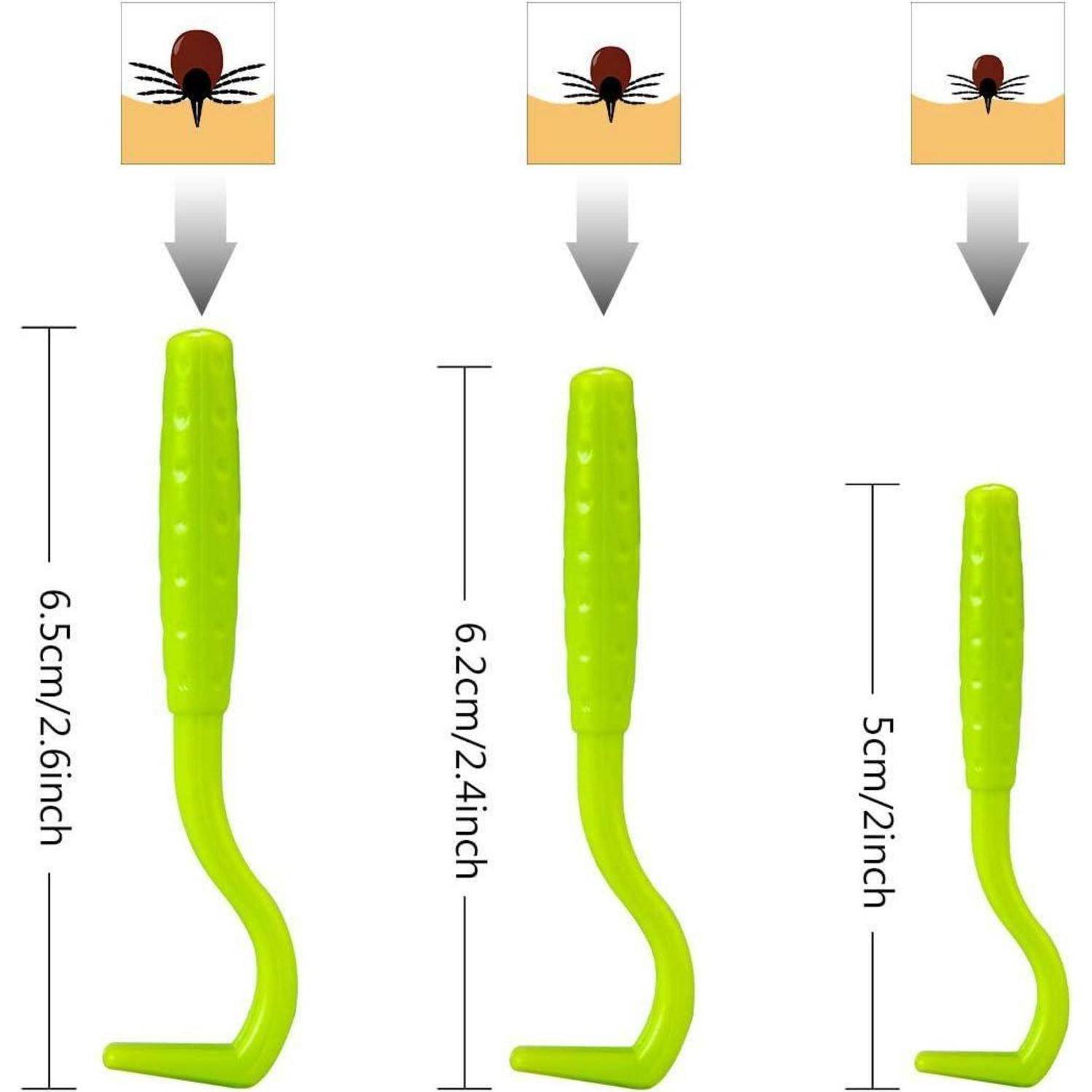Drei grüne Zeckenentfernungswerkzeuge in unterschiedlichen Größen, jeweils mit einer Zecke darüber und mit Maßangaben versehen: 6,5 cm, 6,2 cm, 5 cm.