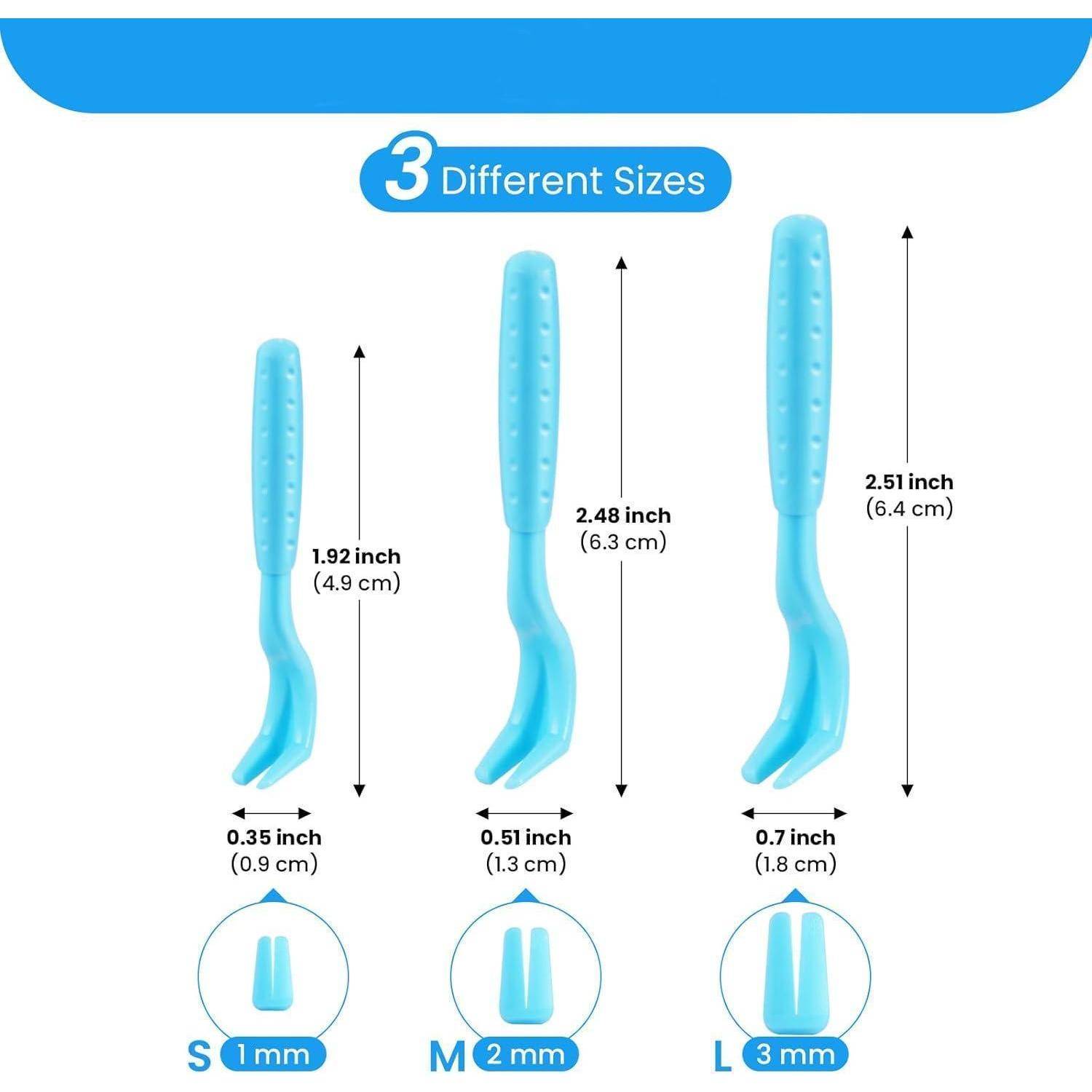 Drei blaue Dentalsonden in drei Größen: klein (1 mm), mittel (2 mm), groß (3 mm). Jede Größe weist Messungen auf.