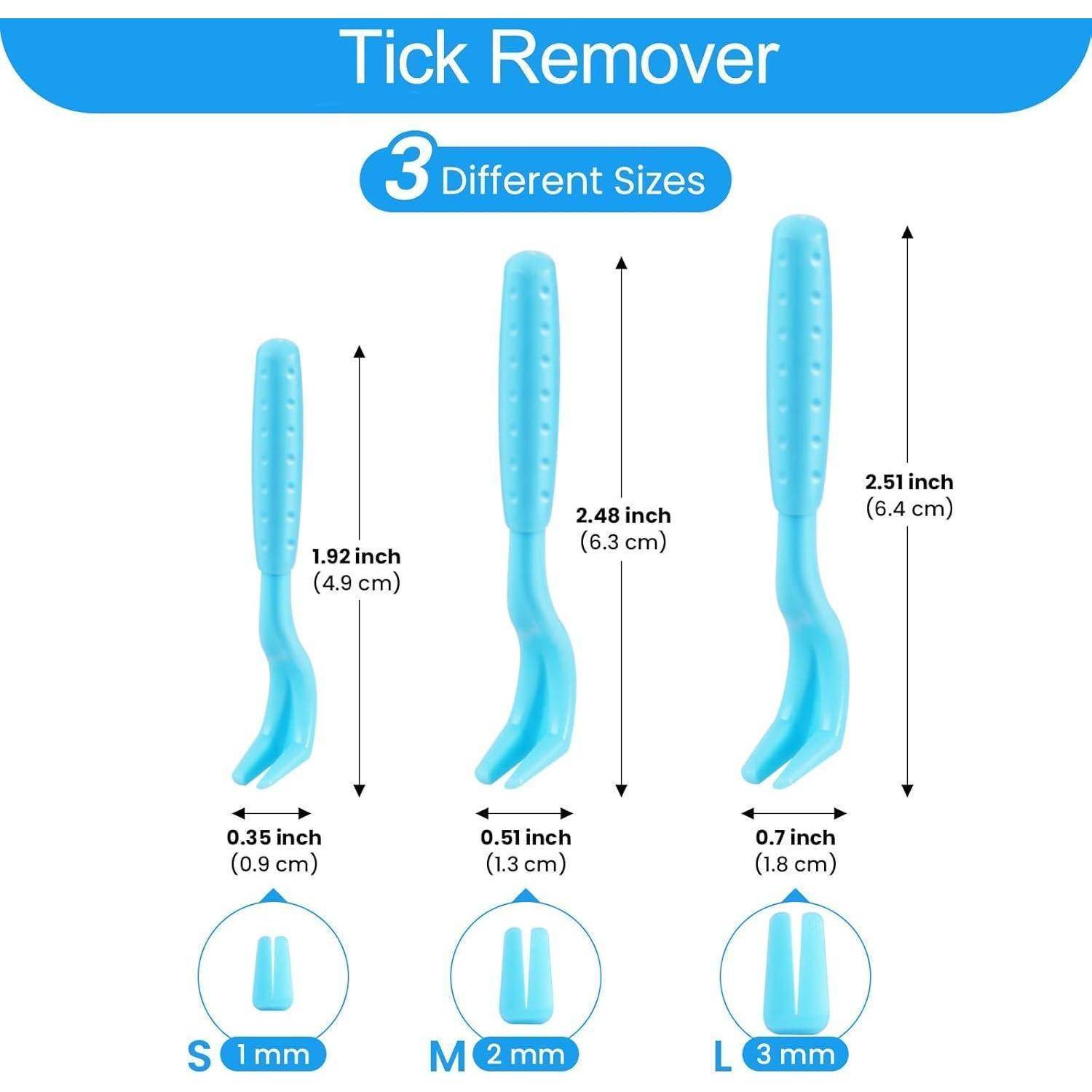 Zeckenzieher: 3 verschiedene Größen, die kleine (1 mm), mittlere (2 mm) und große (3 mm) Zeckenzieher mit Messungen in Zoll und Zentimetern zeigen.