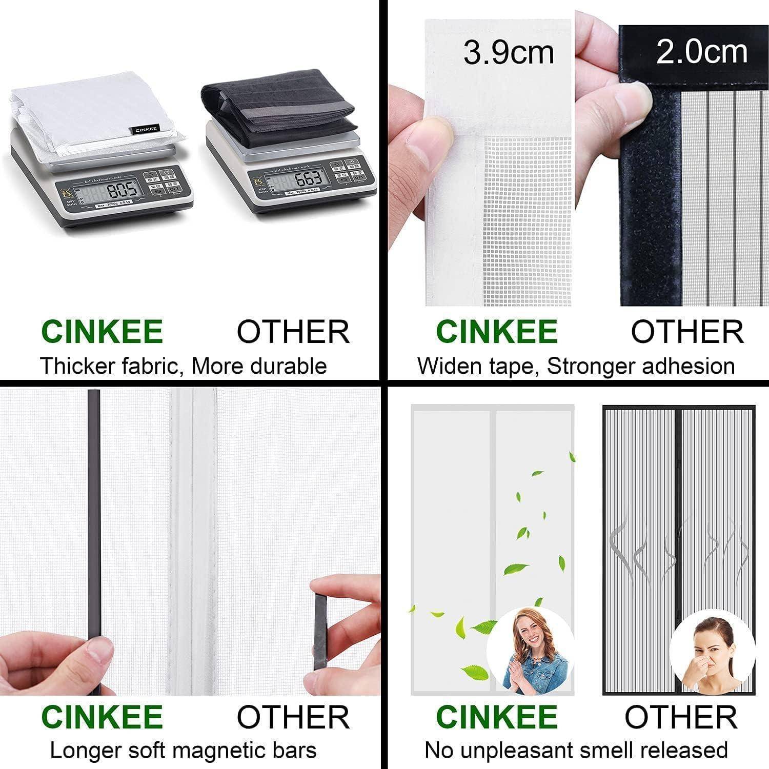 Vergleich zwischen Cinkee und anderen Marken: Oben links - Cinkee hat stärkeren Stoff; Oben rechts - Cinkees Band ist 3,9 cm breit; Unten links - Cinkee verwendet längere Magnetstäbe; Unten rechts - Cinkee hat keinen unangenehmen Geruch.
