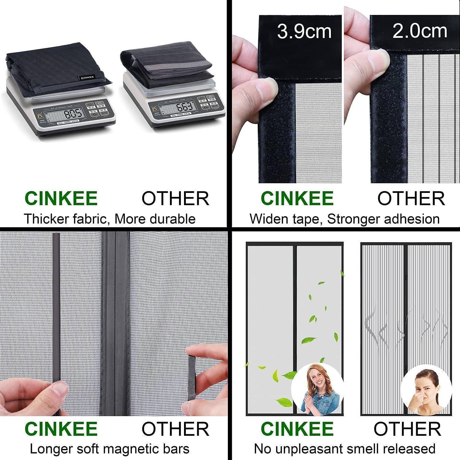 Vergleich von CINKEE und ANDEREN Bildschirmerzeugnissen. CINKEE hat dickeren Stoff, breiteres Klebeband, längere Magnetstäbe und keinen unangenehmen Geruch.