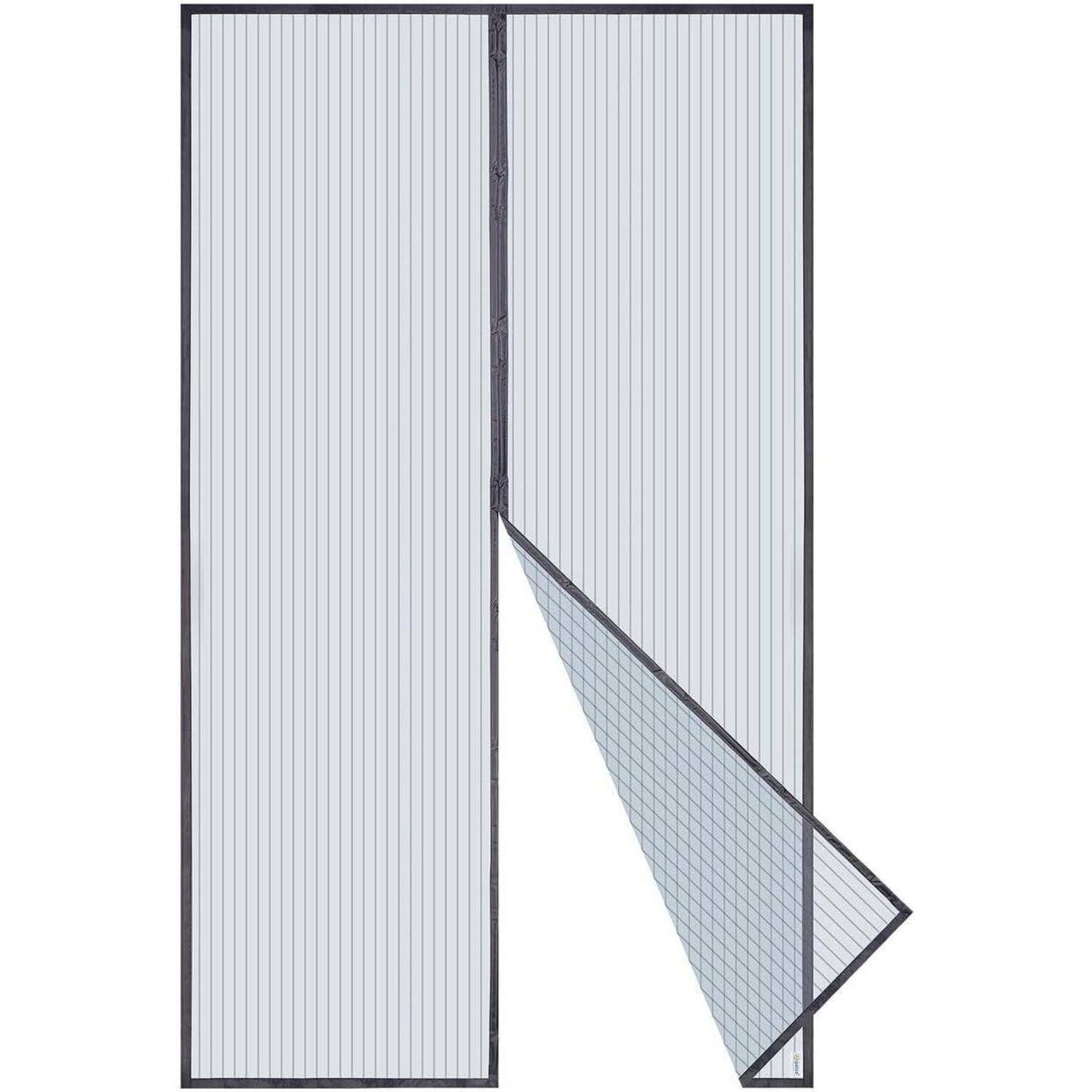 Magnetische Bildschirmtür mit einer zentralen Naht, teilweise geöffnet. Entwickelt, um Insekten abzuhalten und gleichzeitig Luftzirkulation zu ermöglichen. Ideal für den Hausgebrauch.