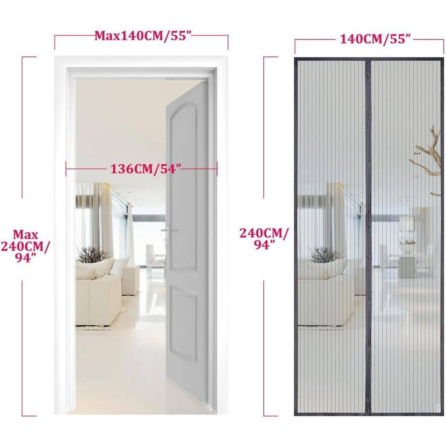 Diagramm mit Maßangaben für einen Türrahmen: max. Höhe 240 cm/94 Zoll, Breite 136 cm/54 Zoll; Vorhanggröße 140 cm/55 Zoll bei 240 cm/94 Zoll.