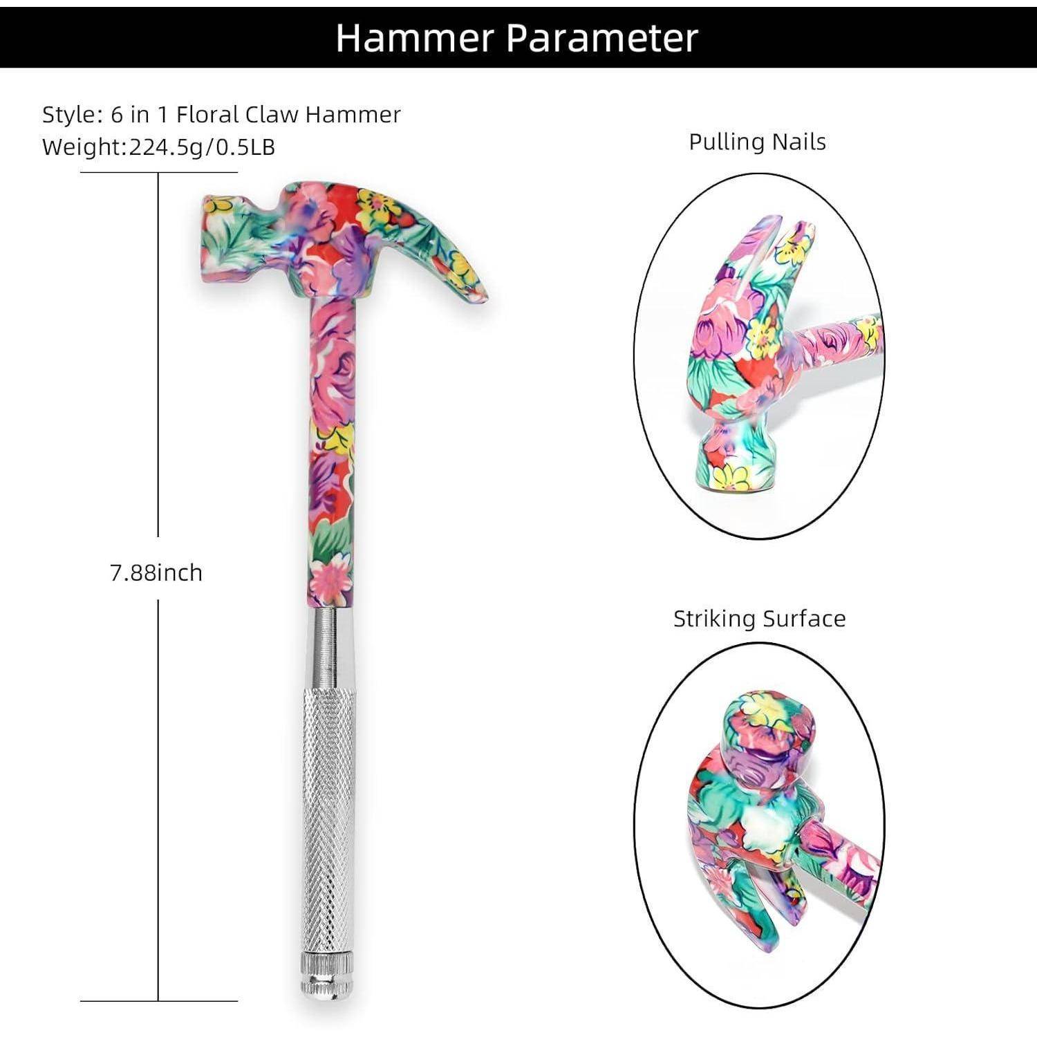 Hammermuster mit Blumenmotiv, 20 cm lang, mit einem Gewicht von 224,5 g. Detailansichten zeigen die Nagelzugklaue und die Schlagfläche.