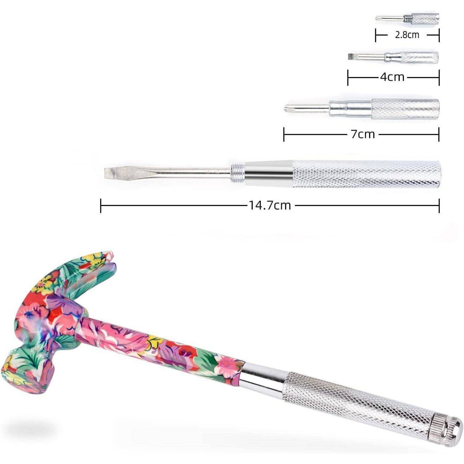 Blumengemusterter Hammer mit austauschbaren Schraubenziehern, die folgende Größen aufweisen: 14,7 cm langer Griff; Schraubenzieherklingen mit 2,8 cm, 4 cm und 7 cm Länge.