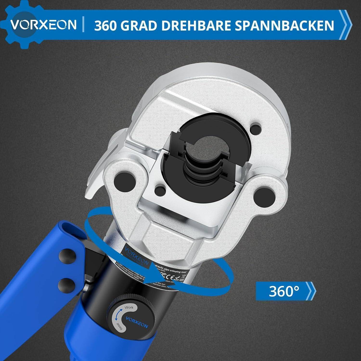 Ein Werkzeug mit einem rotierenden Klemmkopf, beschriftet mit '360 Grad Drehbare Spannbacken' von Vorxeon, der seine 360-Grad-Rotationsfähigkeit hervorhebt.