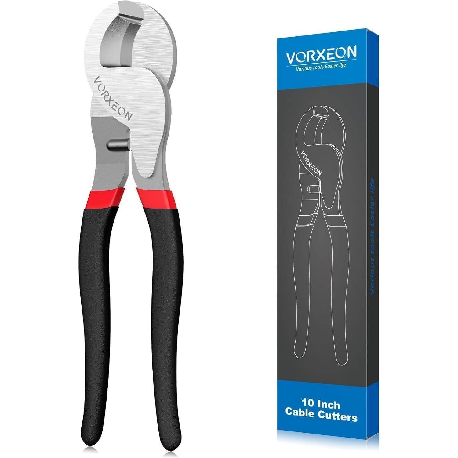 Kabeltrenner mit schwarzen und roten Griffen neben der Verpackung mit der Marke 'VORXEON' und einer Skizze des Werkzeugs; beschriftet mit '10 Zoll Kabeltrenner'.