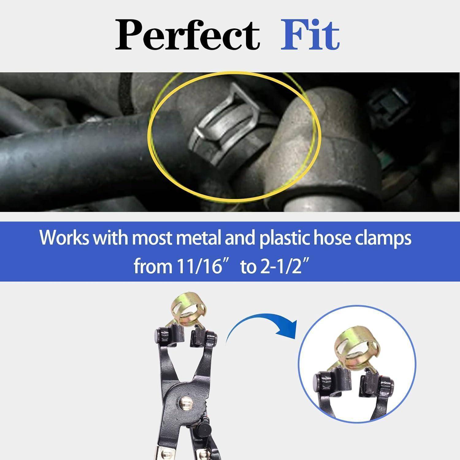 Eine Nahaufnahme eines Schlauchschellenwerkzeugs auf einem Metallschlauch. Text lautet: 'Perfekte Passform' und 'Funktioniert mit den meisten Metall- und Kunststoffschlauchschellen von 11/16