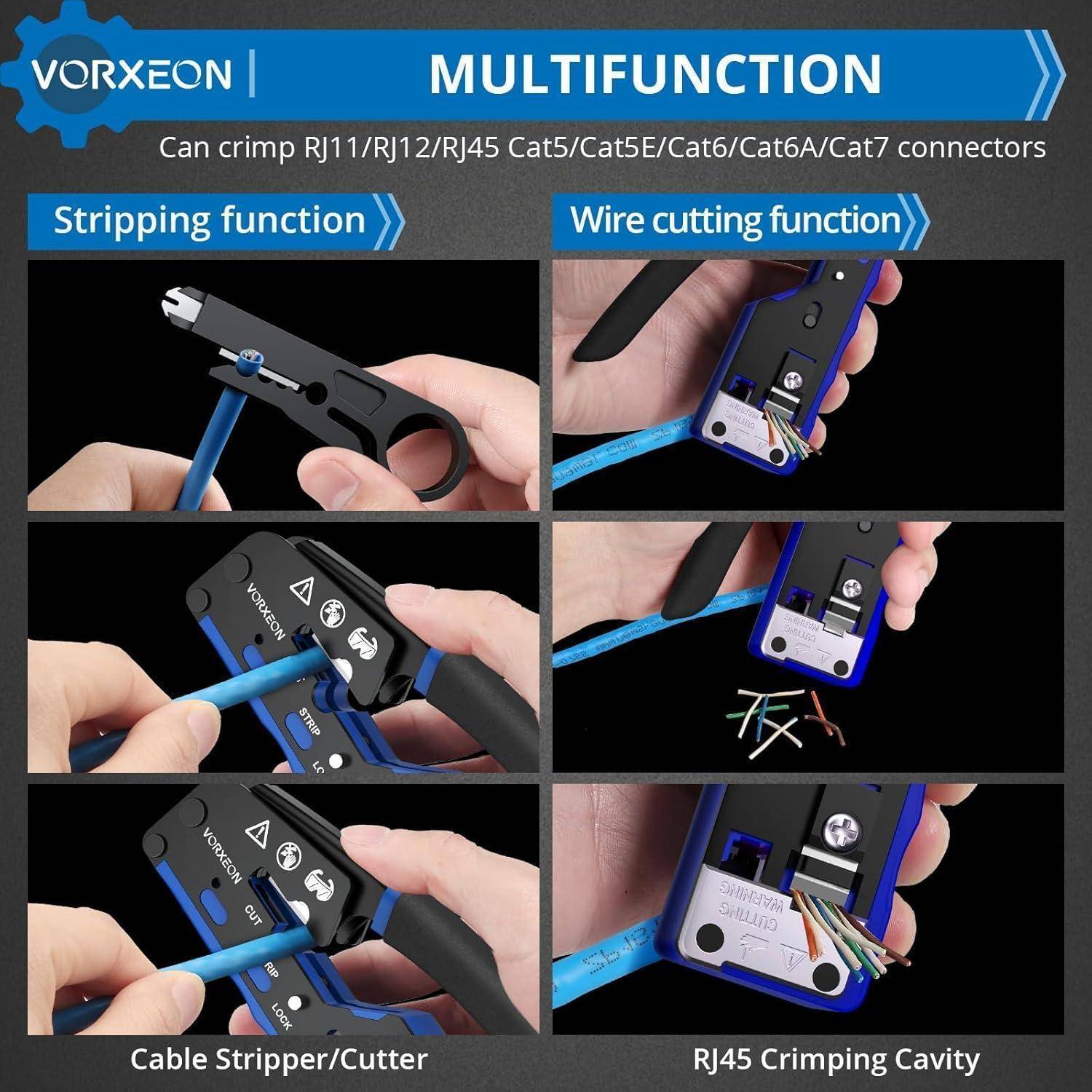 VORXEON Multifunktions'-Werkzeug für das Crimpen von RJ-Steckern. Zeigt Funktionen zum Abisolieren, Drahtstanzen, Kabelabisolieren/Abschneiden sowie Crimpen in der RJ45-Aussparung.