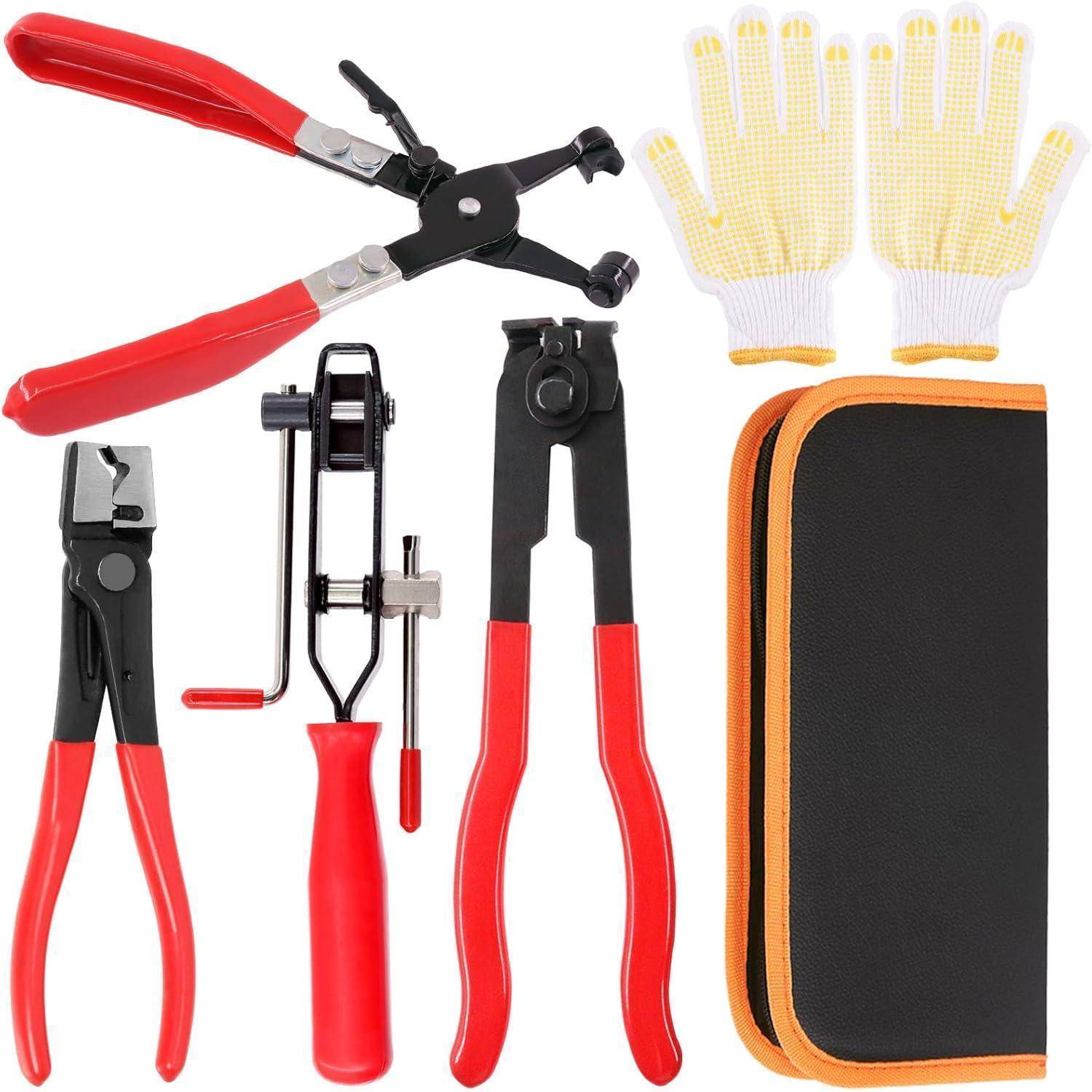 Ein Werkzeugsatz mit rot-griff Zangen, einer Klemme, Handschuhen und einer schwarzen Tasche mit orangefarbener Einfassung, auf einem weißen Hintergrund angeordnet.