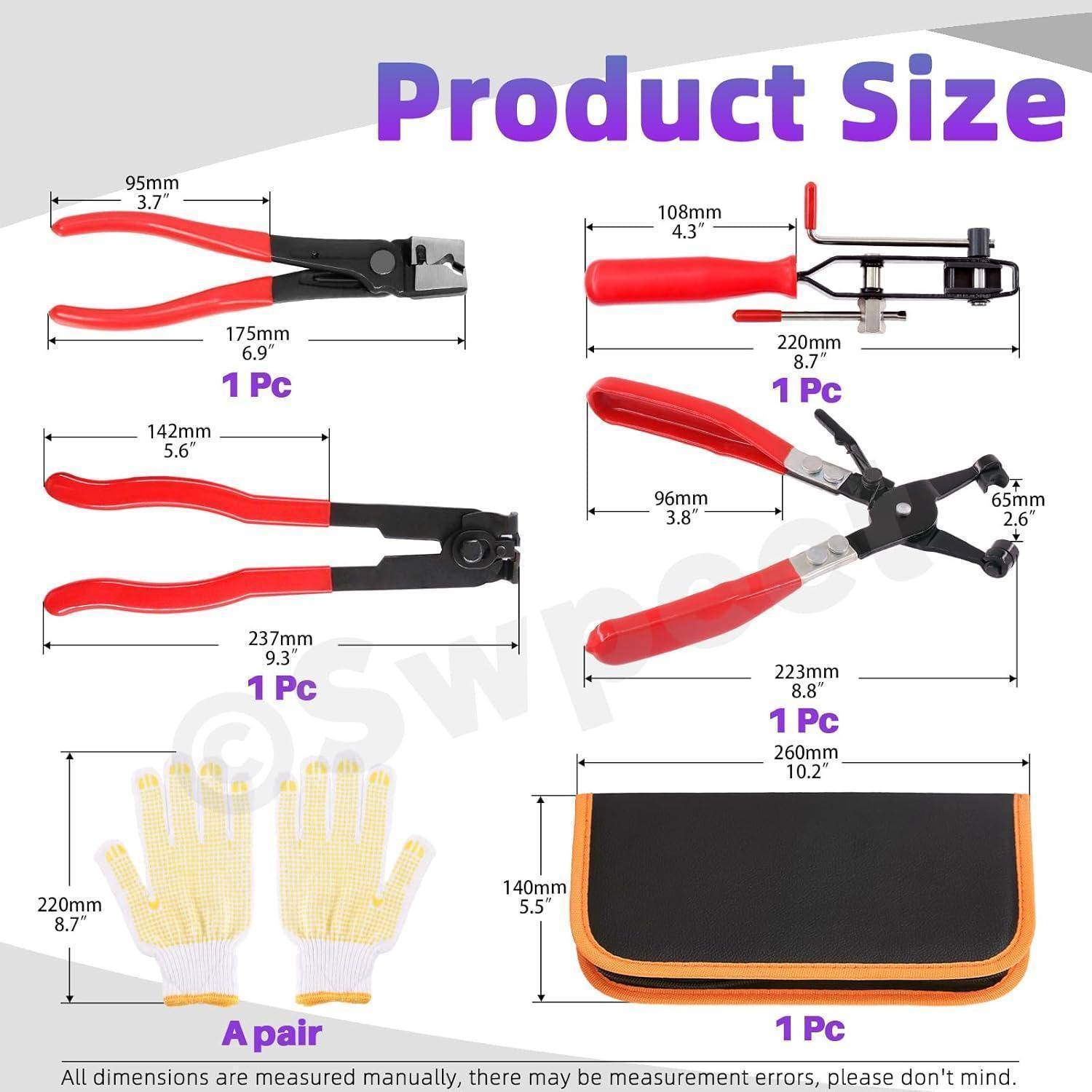 Produktgröße' Diagramm mit einer Darstellung von Zangenwerkzeugen, Schraubzangen, Handschuhen und einer Werkzeugtasche mit Maßangaben für jedes Einzelteil.