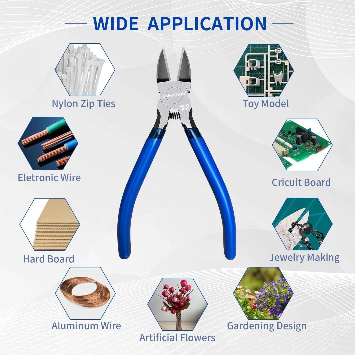 Blau-handhabte Zangen sind zentriert. Umgebende Illustrationen zeigen Anwendungen: Nylon-Kabelbinder, elektronische Drähte, Hartfaserplatte, Aluminiumdraht, Spielzeugmodell, Leiterplatte, Schmuckherstellung, künstliche Blumen, Gartengestaltung.