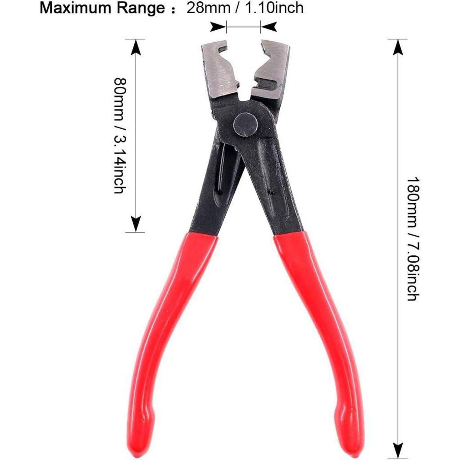 Rote Zange mit maximaler Spannweite von 28 mm (1,10 Zoll), mit Abmessungen von 180 mm (7,08 Zoll) Länge und 80 mm (3,14 Zoll) Breite.