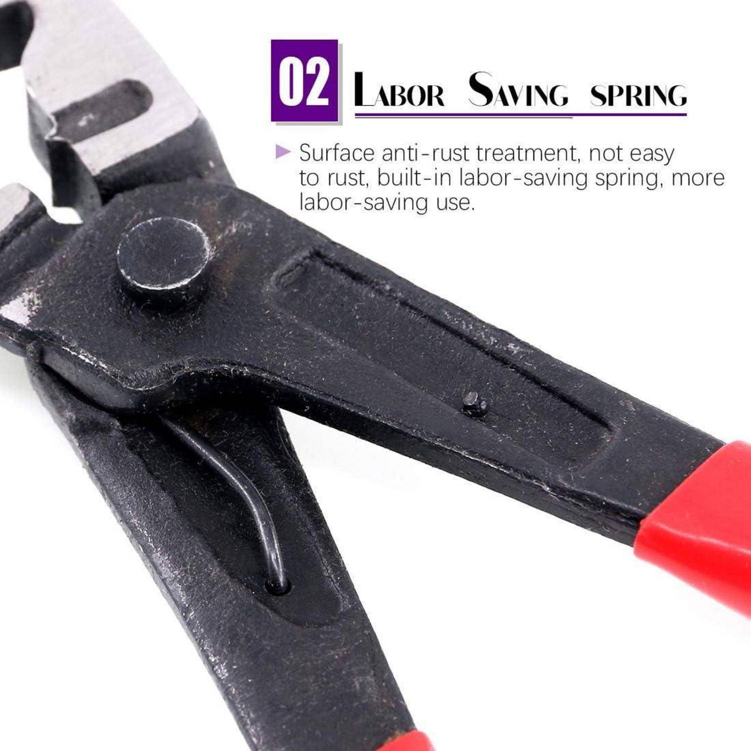 Detailaufnahme einer Zange mit roten Griffen, die den 'Labor Saving Spring' und die Antirost-Behandlung für eine einfachere, benutzerfreundliche Handhabung hervorhebt.