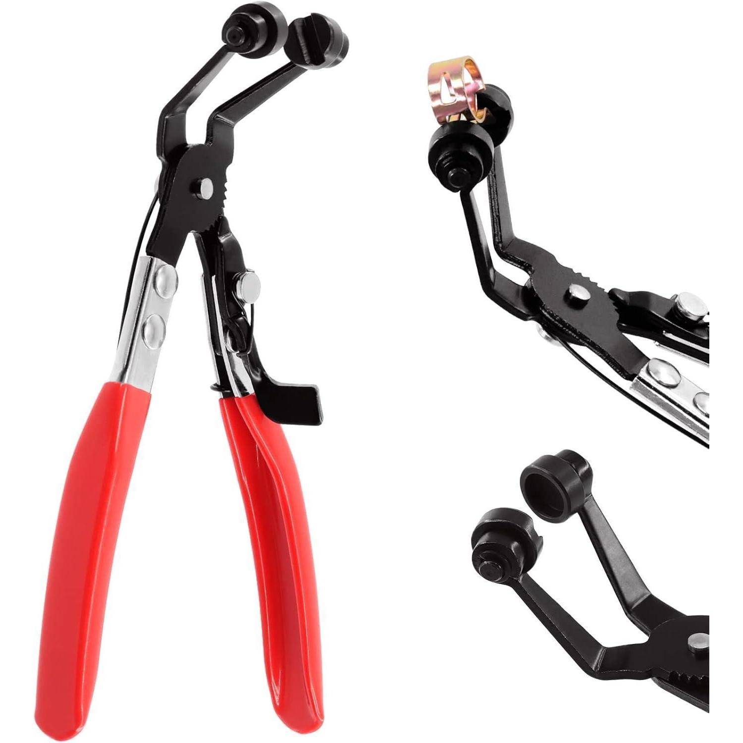 Eine Schlauchschellenzange in Schwarz und Rot mit einem rotierenden Kopf, entwickelt zum Greifen und Fixieren von Schlauchschellen bei Automotive- oder Klempnerarbeiten.