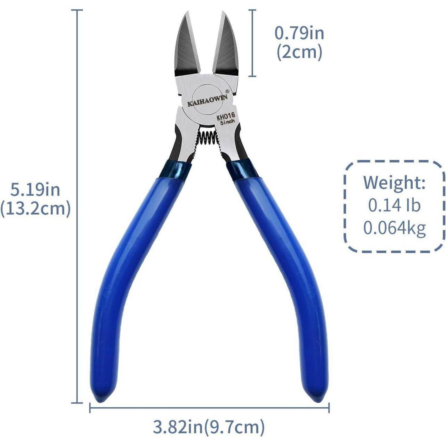 Blau-griffe Drahtschneider, 5,19 Zoll (13,2 cm) lang, 3,82 Zoll (9,7 cm) breit. Gewicht: 0,14 lb (0,064 kg).