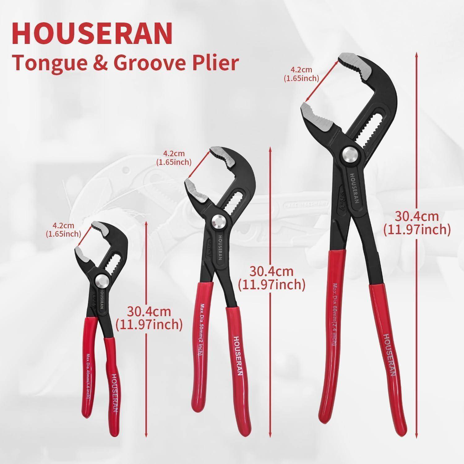 HOUSERAN Zunge & Nut Zange' Abbildung mit drei Zangen verschiedener Größen und Abmessungen: 30,4 cm (11,97 Zoll) und 4,2 cm (1,65 Zoll) Backenbreite.