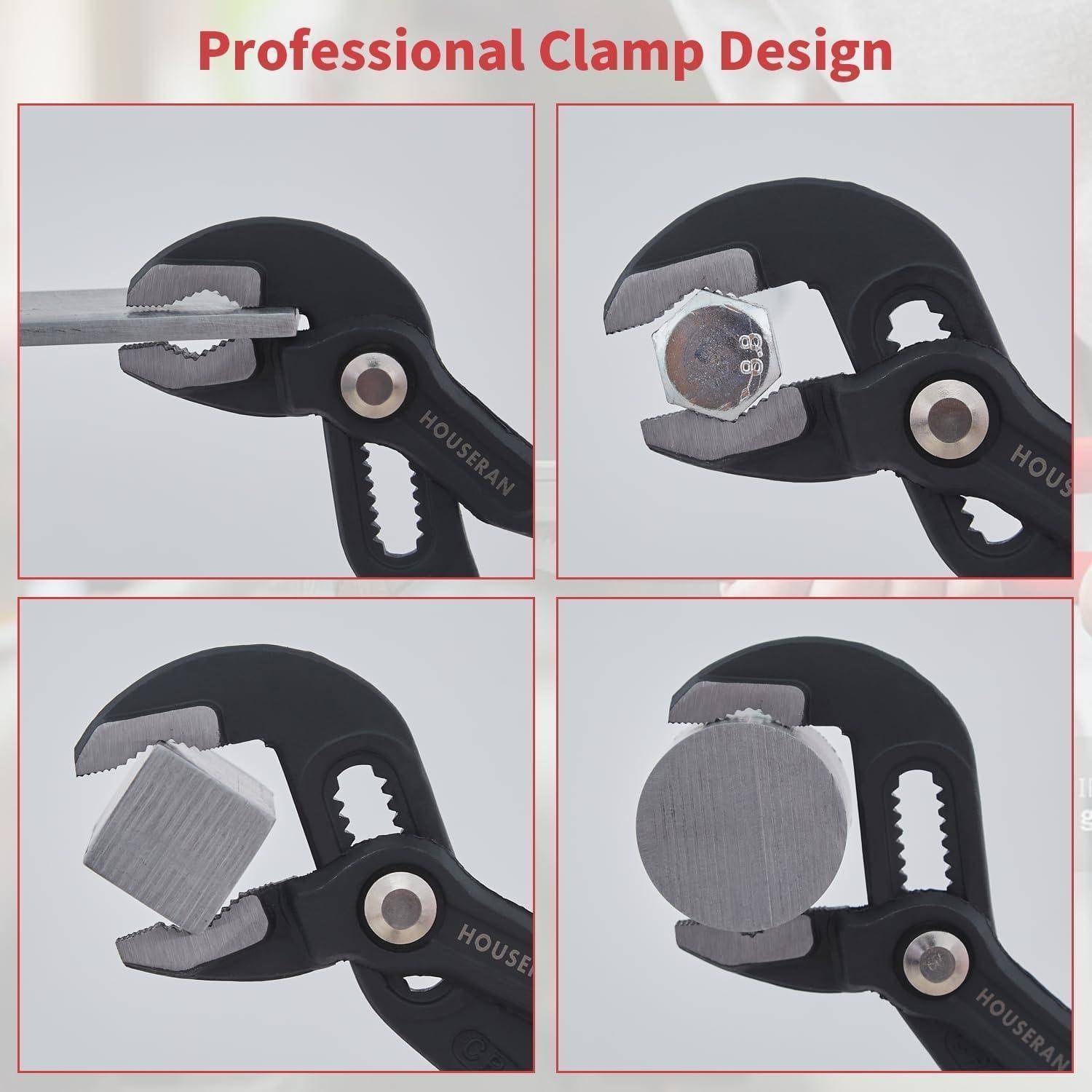 Vier Bilder zeigen eine Klemme in verschiedenen Positionen, beschriftet mit 'Professionelles Klemmendesign'. Jedes Bild zeigt die Klemme, die ein zylindrisches Objekt hält.