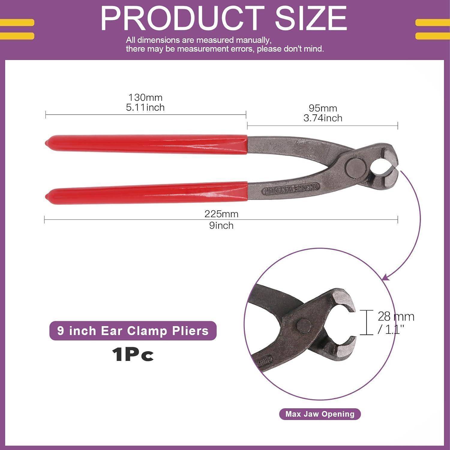 Produktgröße der 9-Zoll-Ohrklemmen-Zange. Griffe sind 130 mm lang. Kieferöffnung beträgt 28 mm. Der Text weist auf mögliche Messfehler hin.