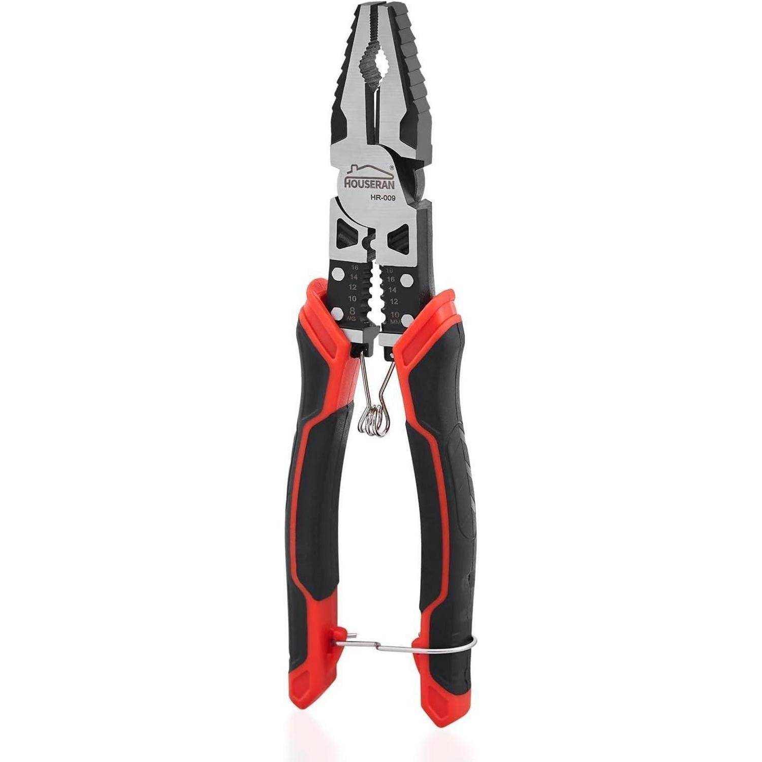 Ein Paar schwarze und rote Multifunktionszangen mit Greifbacken, Drahtschneideinsatz und ergonomischen Griffen, geeignet für elektrische Arbeiten.