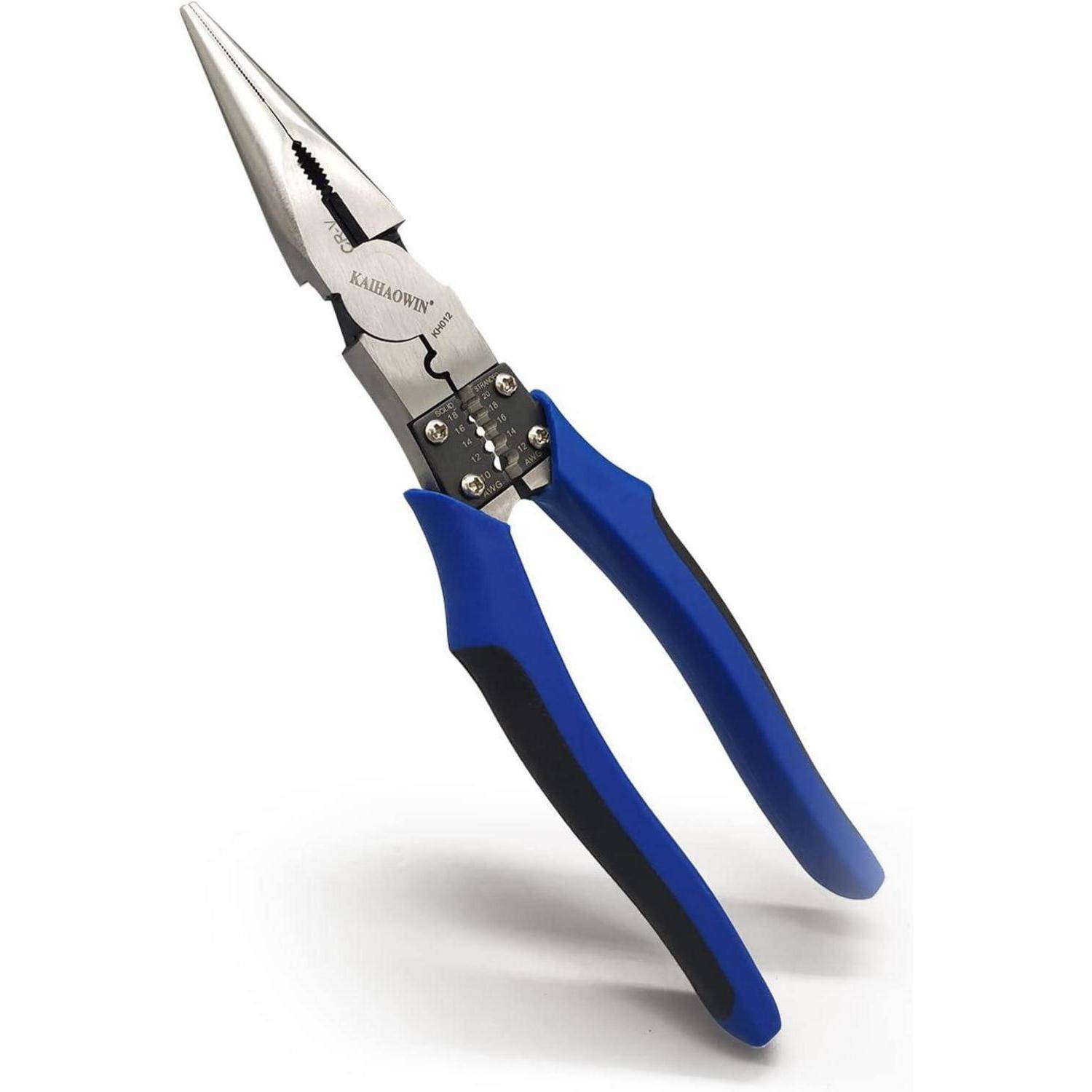 Blaue Nadel-Langzange mit Metallgriff und spitzen Spitzen, geeignet für Präzisionsaufgaben in der Elektro- oder Mechatronikarbeit.