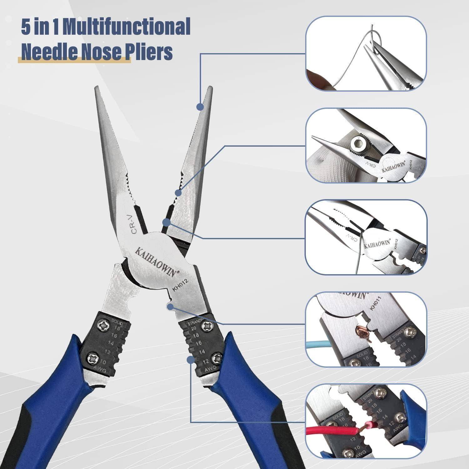 "5 in 1 Multifunktionale Spitzzange" mit hervorgehobenen Funktionen, einschließlich Schneiden, Crimpen und Abisolieren. Blau-schwarzer Griff.