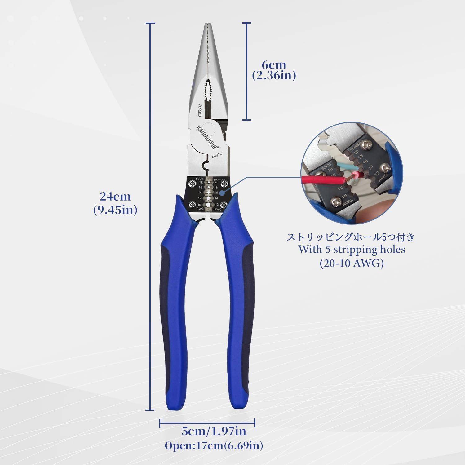 Abisolierwerkzeug mit blauen Griffen, 24 cm (9,45 Zoll) lang, bietet 5 Abisolieröffnungen für Drähte von 20-10 AWG.
