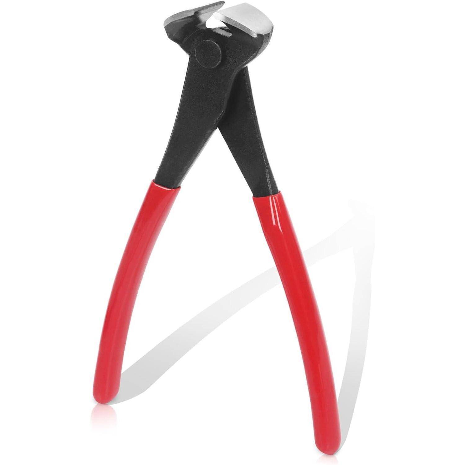 Ein Paar Fliesenschneider mit roten Griffen und Metallschneidekanten, die zum Formen und Zuschneiden von Fliesen entwickelt wurden.