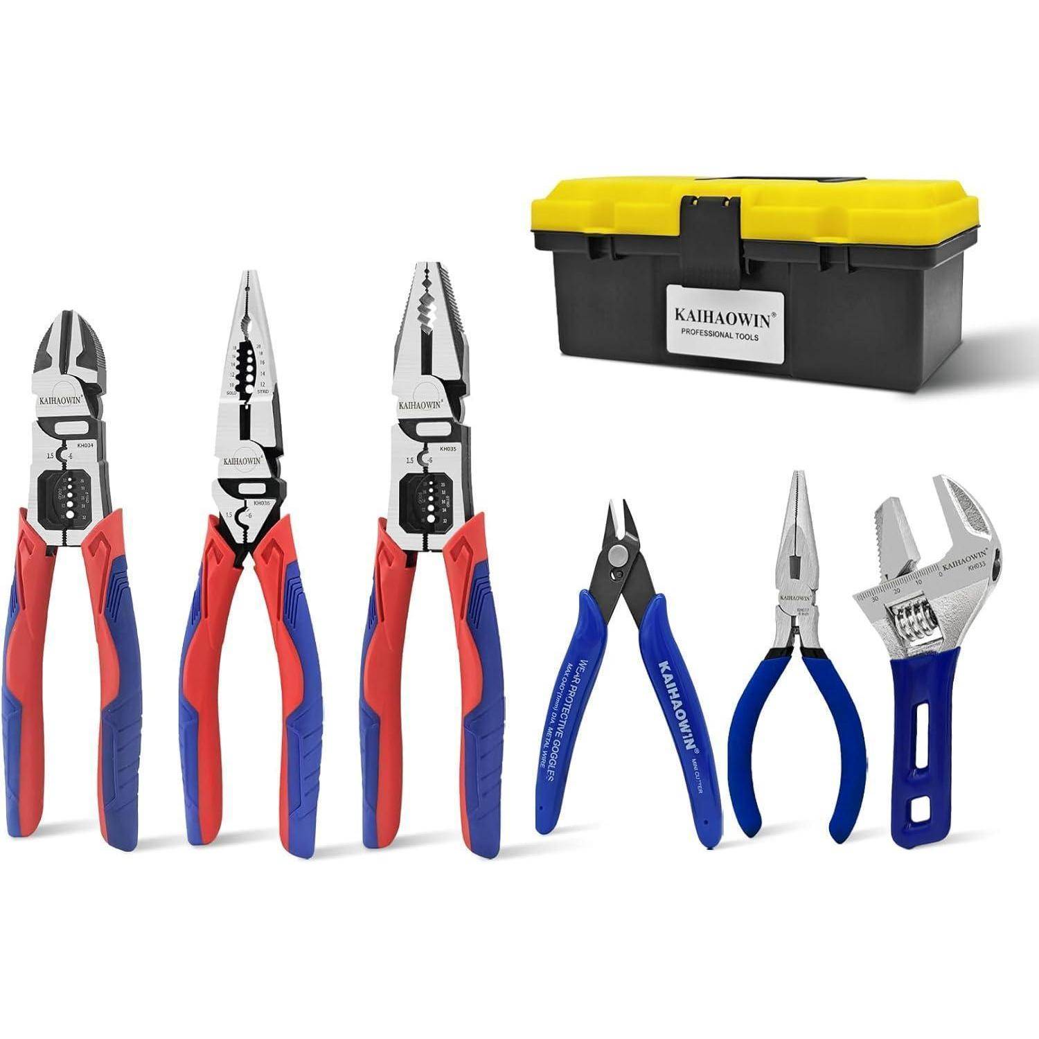 Ein Set aus fünf Werkzeugen, einschließlich Zange und Schraubenschlüssel, ausgelegt neben einem schwarzen und gelben Werkzeugkasten.