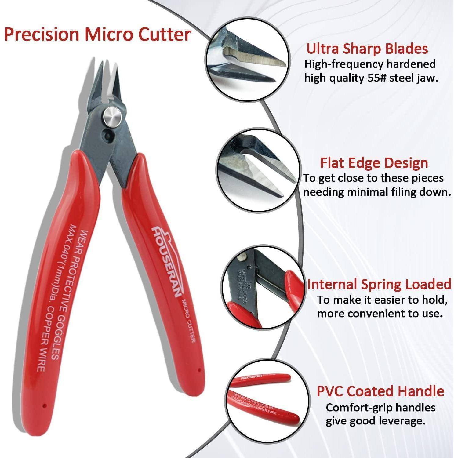 Eigenschaften des 'Precision Micro Cutter': Ultra-scharfe Klingen für hochfrequente Schnitte, flache Kantengestaltung für minimales Nachfeilen, integrierte Feder für einfache Handhabung, mit PVC beschichteter Griff für besseren Halt.
