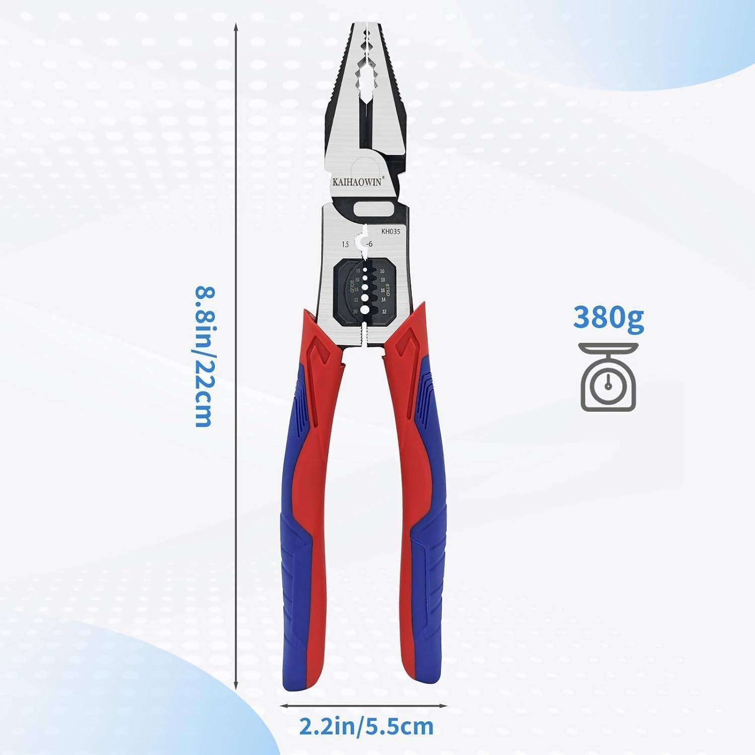 Zange mit roten und blauen Griffen, 8,8 Zoll (22 cm) lang, 2,2 Zoll (5,5 cm) breit, 380 Gramm schwer.